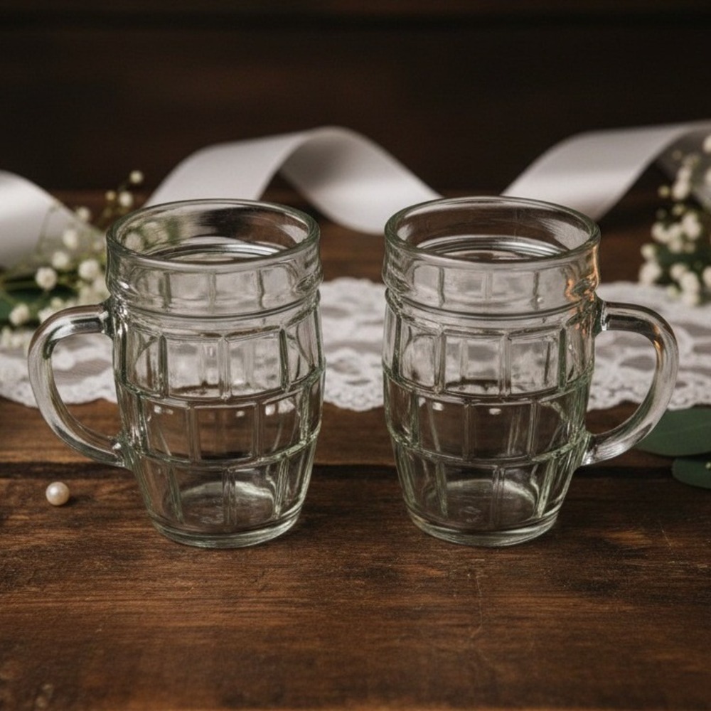 VTG Anchor Hocking 2 Windowpane Barrel Root Beer Mugs Pale Green Tint Glassware